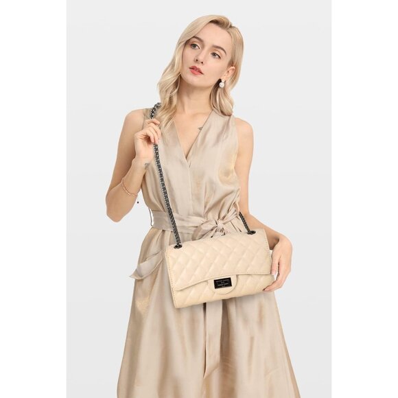 Women Beige PU Quilted Stylish Crossbody Bags with Chain Strap & Flap Closure - Picture 2 of 6